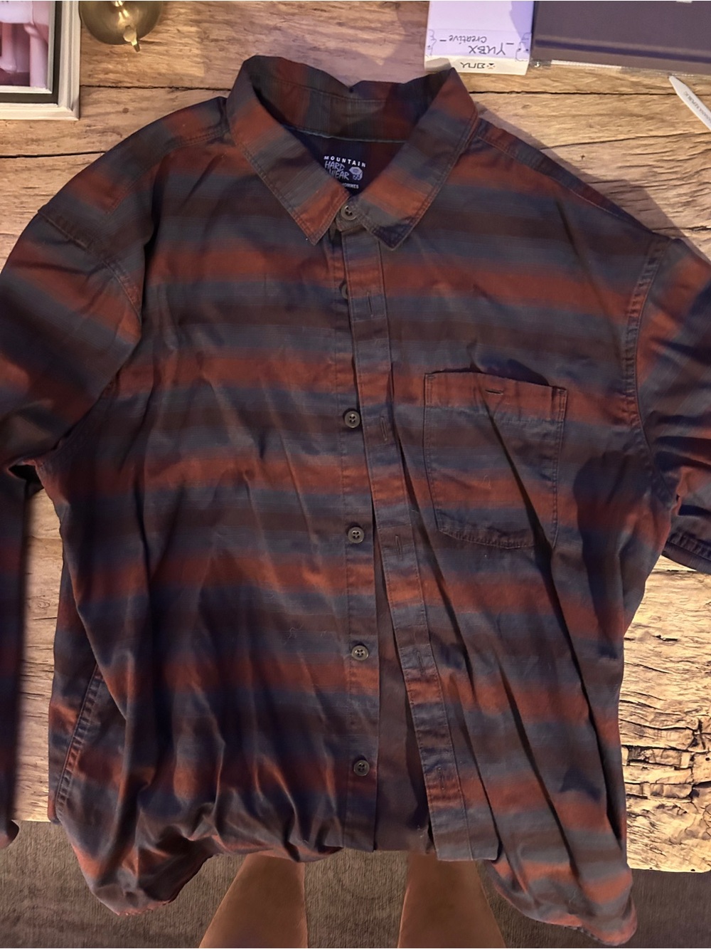 Mountain Hardwear Men’s Striped Button-Down Shirt — Rust and Navy